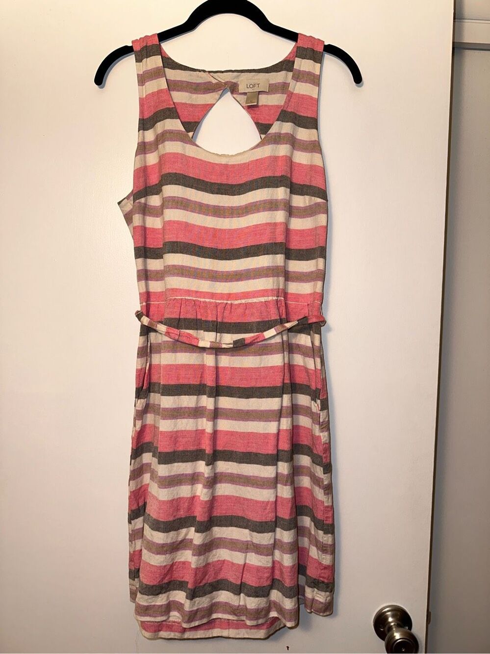 Ann Taylor LOFT Women’s Size 10 Linen Blend Dress Pink Brown Cream Stripe EUC